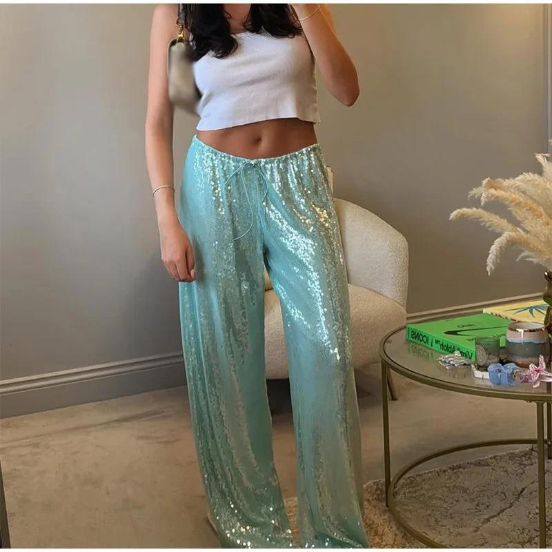 Pantaloni Larghi da Donna con Paillettes Vita Alta Coulisse Elastico Vita Vestibilità Larga Pantaloni Lunghi Festa in Spiaggia