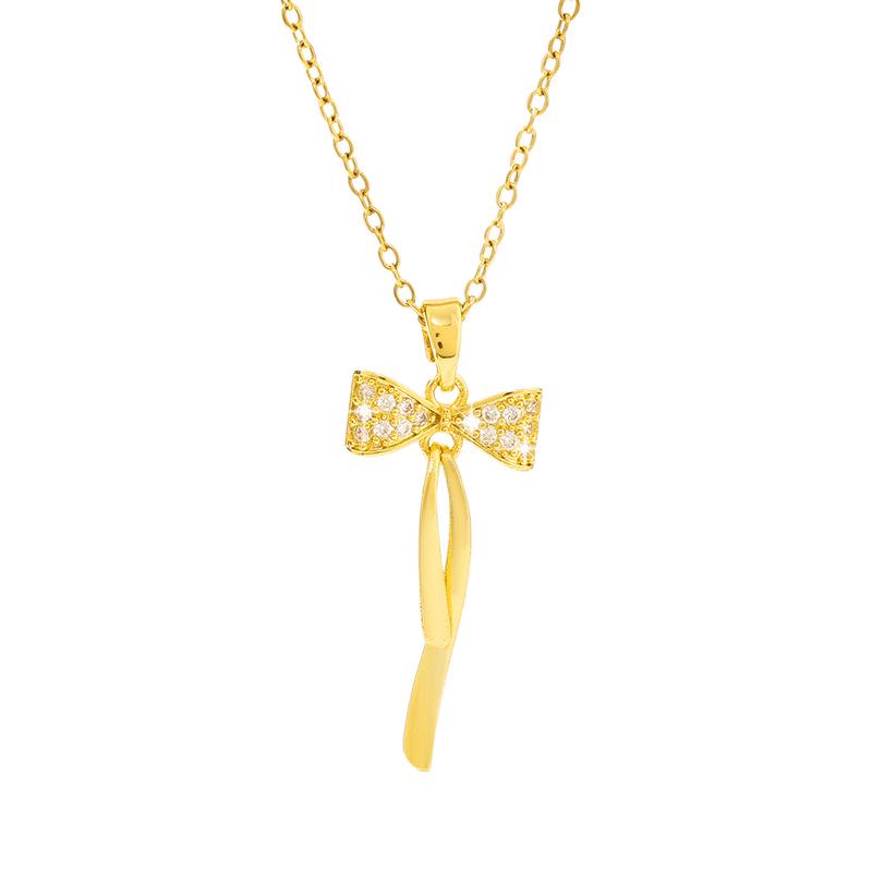European & American Bow Necklace in Titanium Steel with Micro-Inlaid Zirconia - Elegant Women's Light Luxury Collarbone Chain.