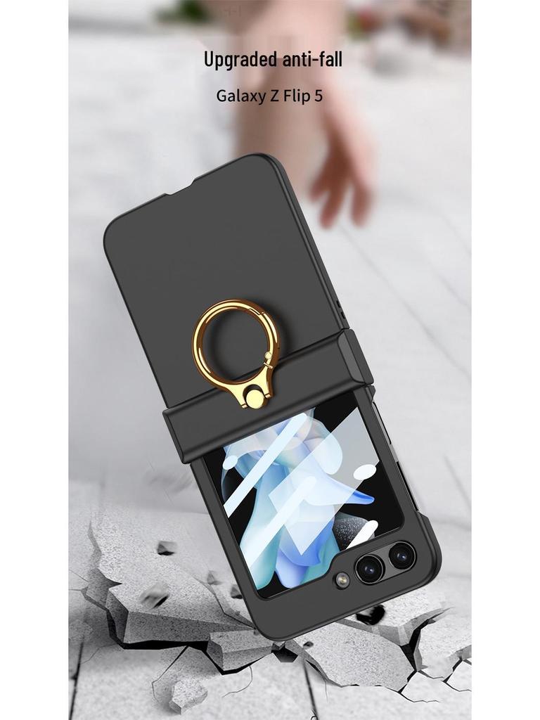 GKK Samsung Z Flip5 Full Coverage Frosted Case with Finger Ring Buckle & Small Folding Hinge.