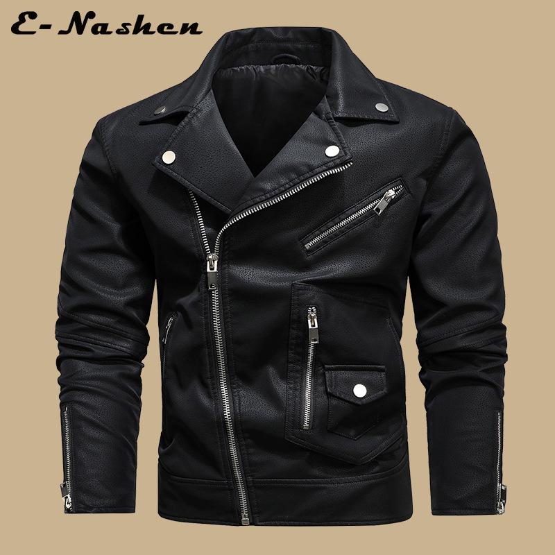 Modna Męska Skórzana Kurtka Motocyklowa w Dużym Rozmiarze z Wieloma Zamkami i Dużym Klapą