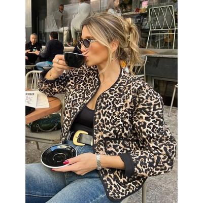Casual Leopard Print Cotton Coats for Women Autumn Single-Breasted Pockets Long Sleeves O Neck Street Fashion Jacket