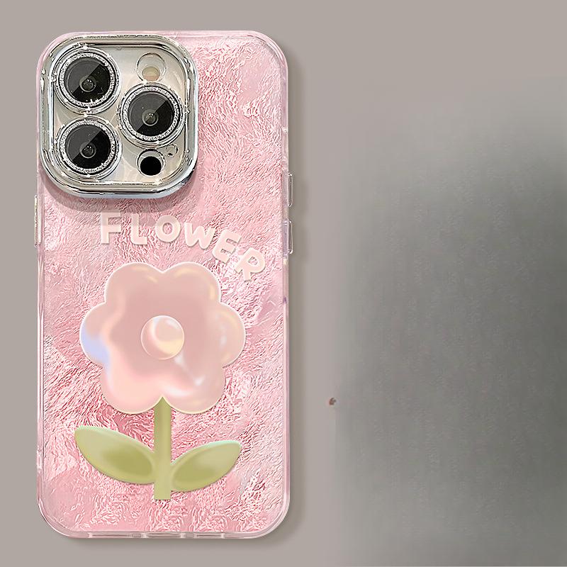 Pink Florals Suitable for Apple 16pro Glacier Pattern Mobile Phone Case 15 Full-inclusive Lens Film 14 Spring and Summer 13 Small Fresh X