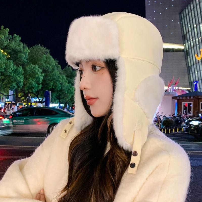 

Leather plush splicing men s winter warm thickened ear caps women s waterproof and wind-proof cycling caps one size fits all білий