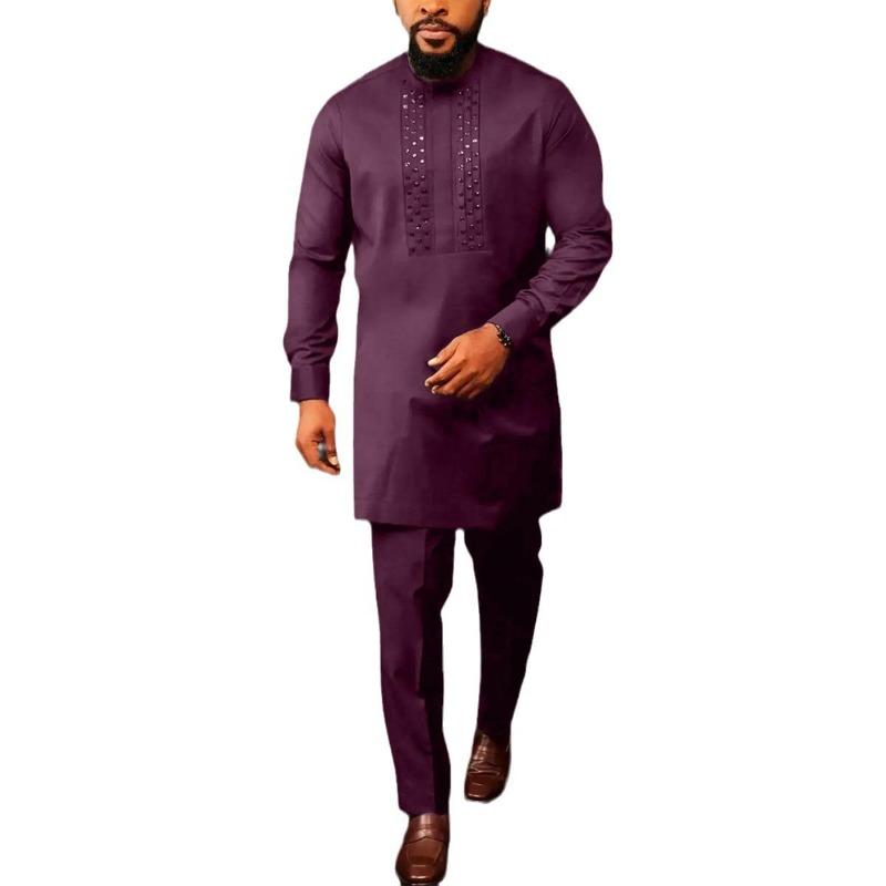 2026 Men's African Ethnic Beaded Solid Color 2-Piece Casual Suit Set