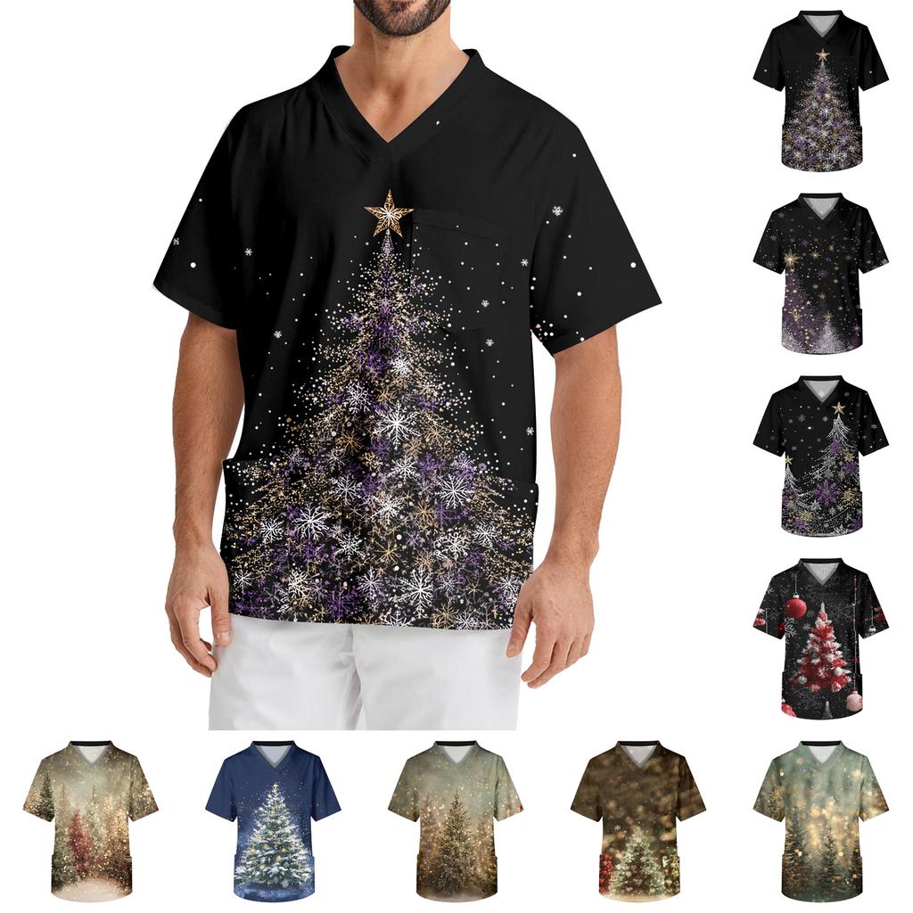 Men's Printing Short Sleeve V-neck Working Blouse Chest Pocket Carer Top
