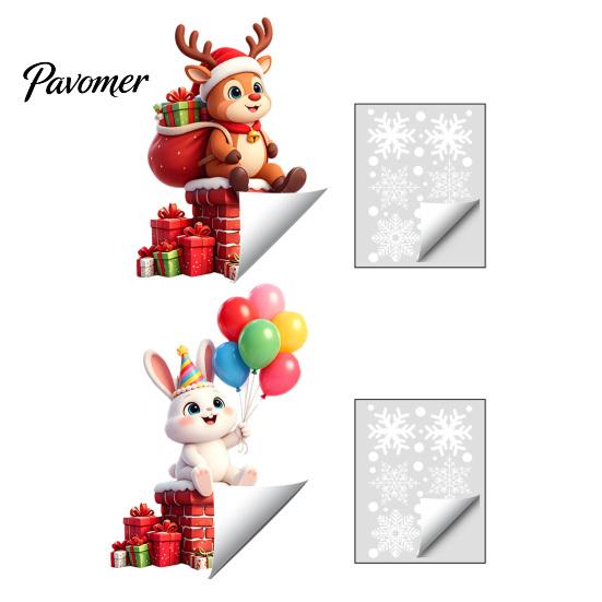 Waterproof Holiday Wall Decals 2 Pcs Christmas Window Stickers, Cartoon Cute Deer Rabbit Cling, Festive Party Glass Ornaments Winter Snowflakes Static