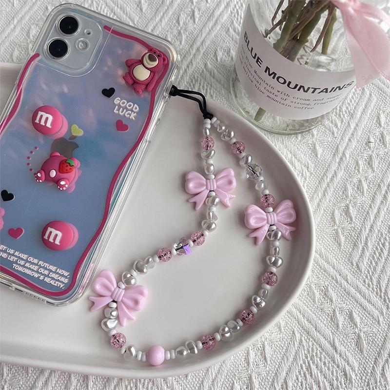 Simple Cute Kawaii Bowknot Beaded Phone Chain  Delicate Keychain For Women Girls Sweet Bag Decoration Accessories Gifts