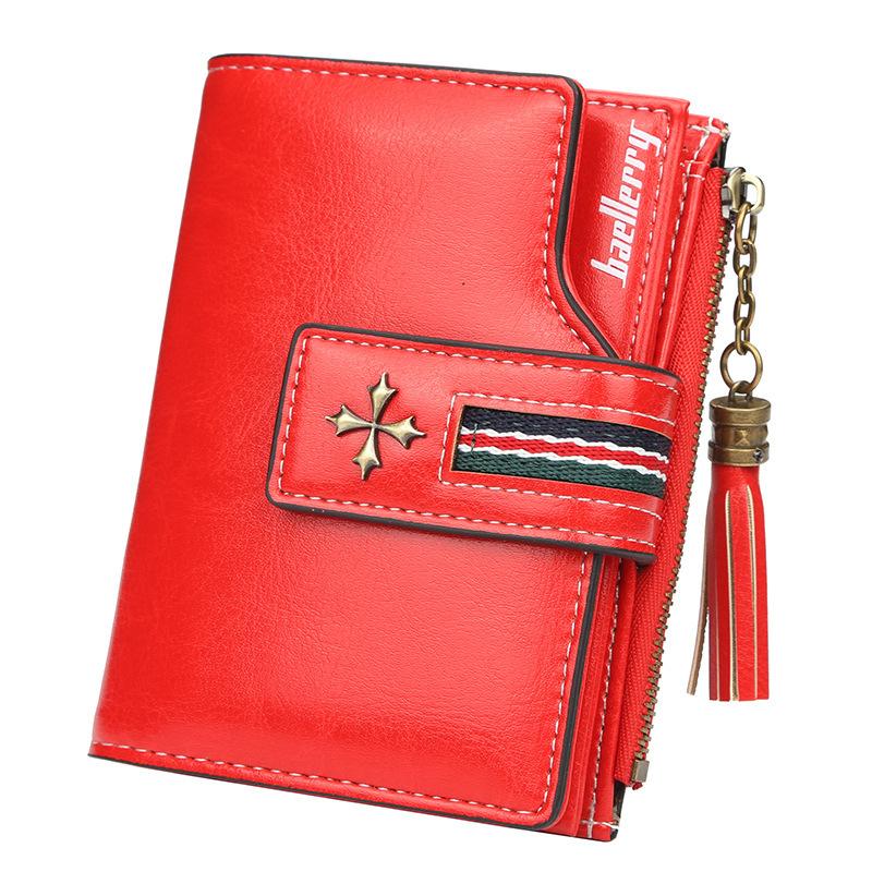 New pu women's wallet Korean oil wax leather fringed fashion short multi-card zipper change bag