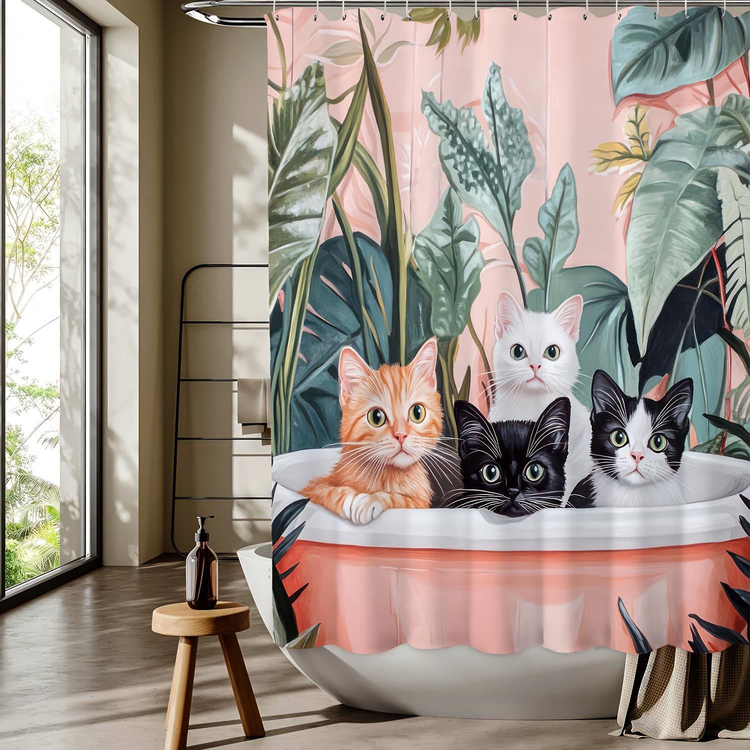 

Tropical Leaves and Kittens Shower Curtain - Digital Print Polyester, Machine Washable, Woven Knit Fabric, All-Season Bath Decor W90xH180cm