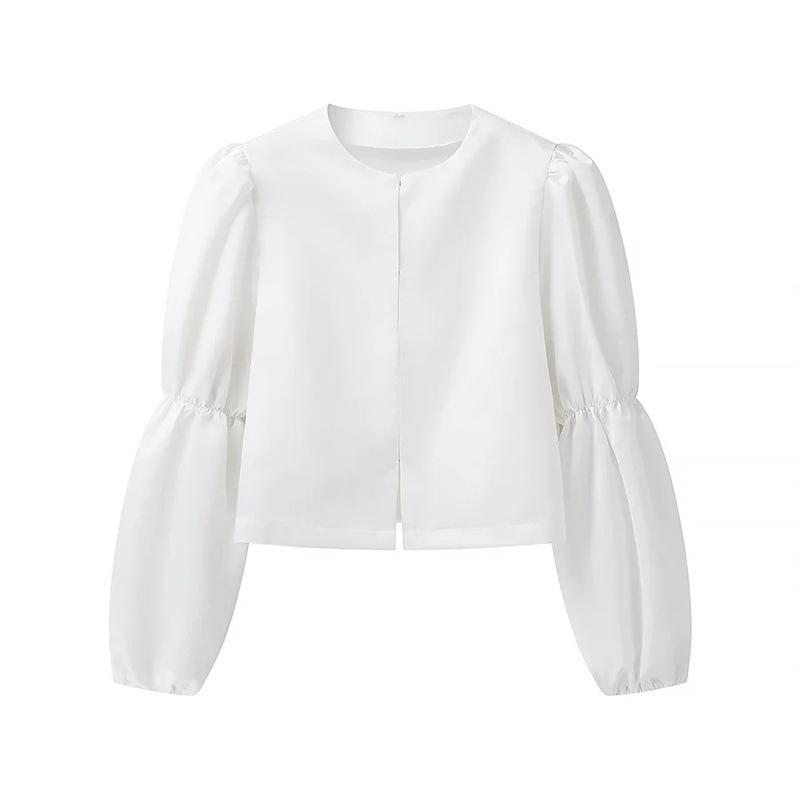 

Атласные топы с рукавами-фонариками, женские короткие рубашки, однотонные, свободные, повседневные, с круглым вырезом, элегантные, для офисных леди, новая мода, весна M белый