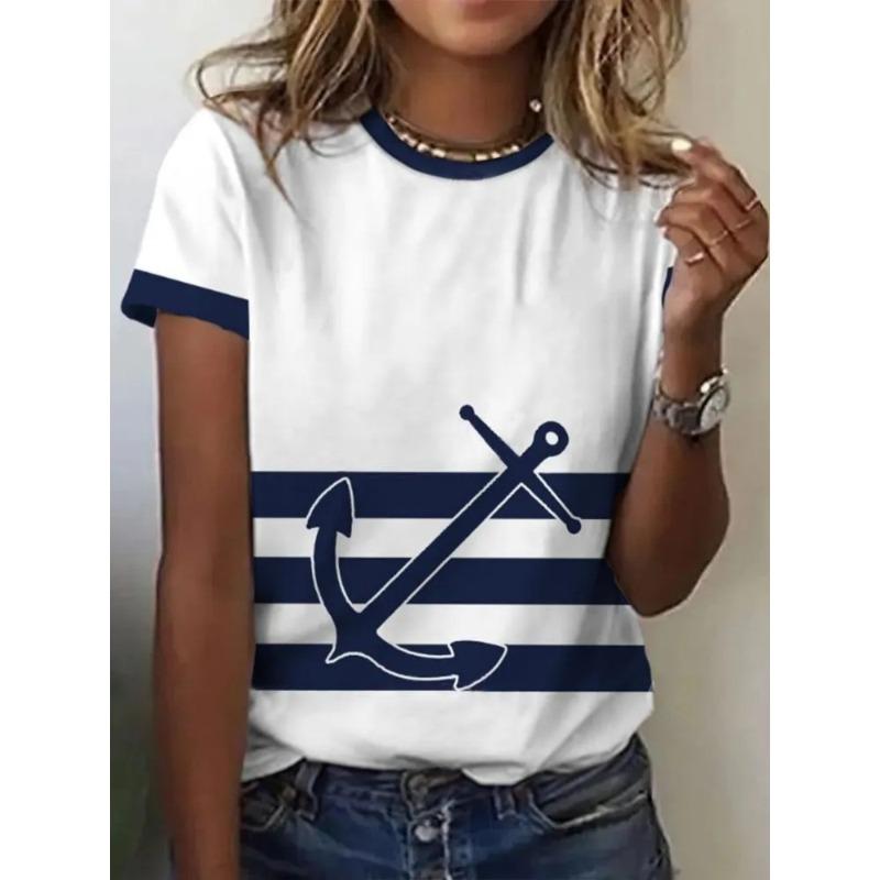 Women's 3D Printed T-Shirt Colorful Striped Boat Anchor Pattern Print Short Sleeve O-Neck Pullover Casual Top