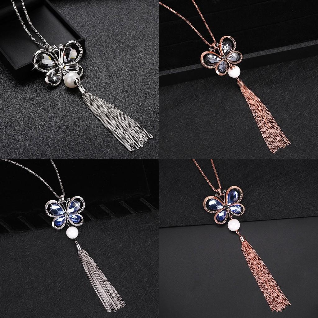 Elegant Korean Style Butterfly Sweater Necklace With Pearl Tassels For Women