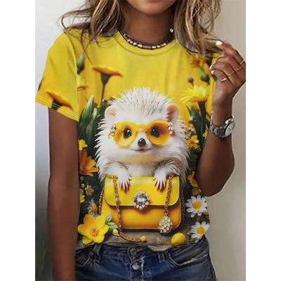 Moda Verão Feminina Camiseta Animal Engraçado Estampa Estampa 3D Impressa Manga Curta Tops Menina Solto Casual Solto Oversize Roupas para Exterior