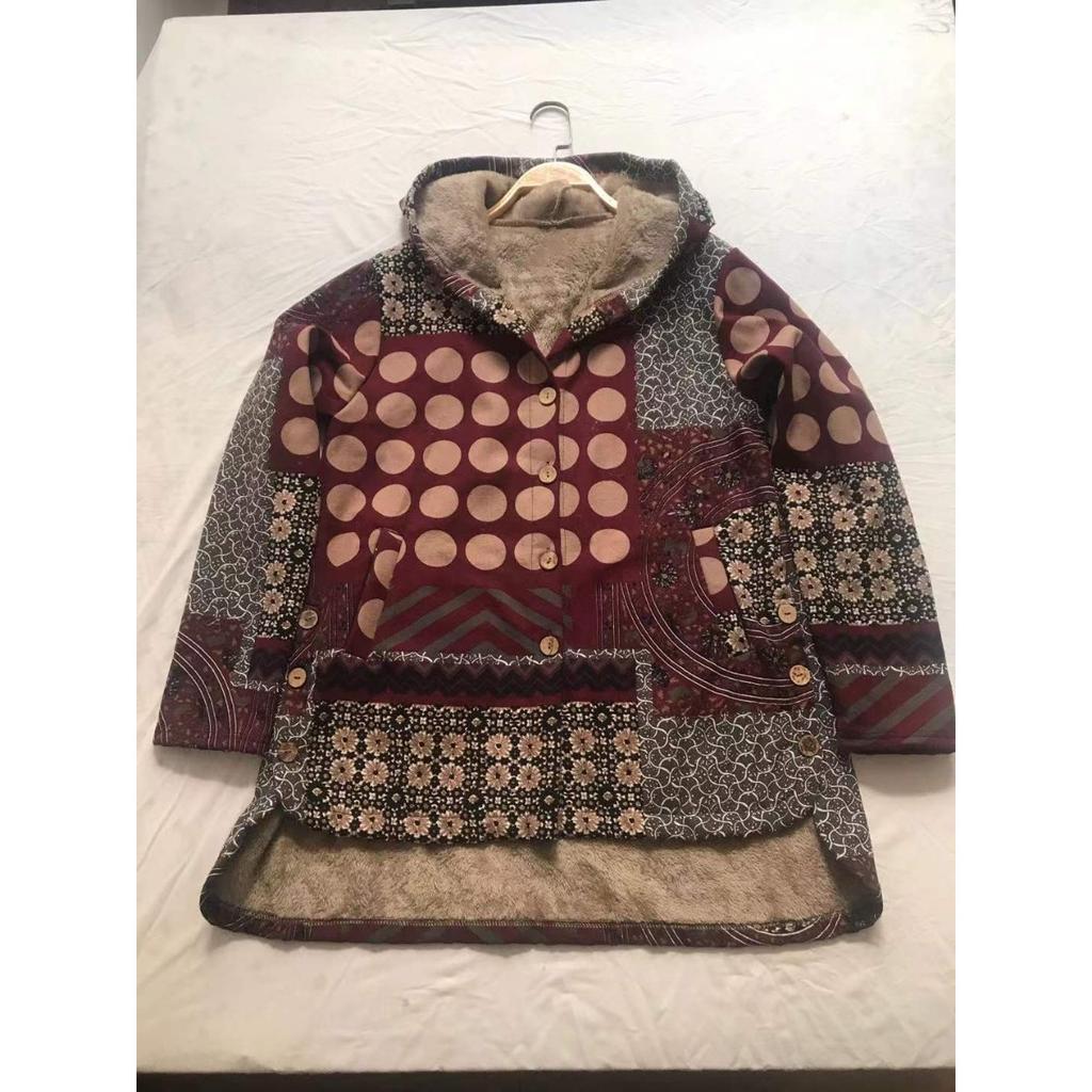 Winter New European American Women's Cotton Linen Printed Hoodie Warm Fleece Coat In Stock