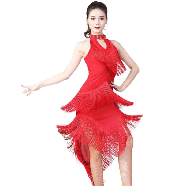 Glittering Latin Dance Dress Asymmetrical Sequins Fringe Performances Costume Breathable Polyester Stage Outfit