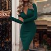 IELGY New Product Women's Dress Explosion Style Deep V Pleated Hip Bag Long Sleeve Solid Color Dress