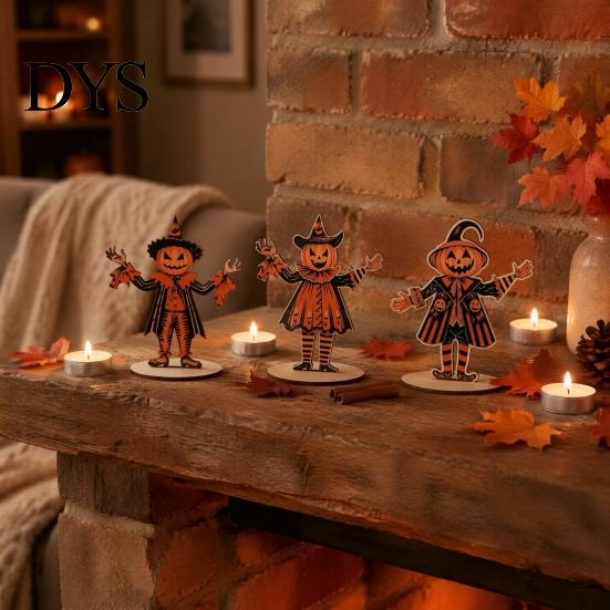 Vintage Halloween Party Supplies 3Pcs Wooden Pumpkin Scarecrow Ornaments, Table Centerpiece, Handcrafted Autumn Favors Desktop Decoration for
