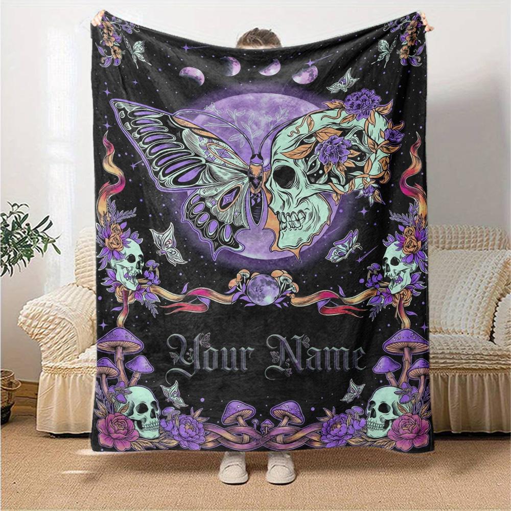 Name Custom Skull and Butterfly Print Flannel Blanket High Quality Warm Comfortable Cover for All Seasons Perfect for Gifts Home Decor