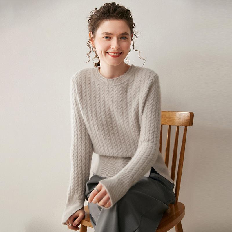 Women's Cashmere Round Neck Cable Knit Sweater - Thick, Loose Cuffs, Slit Design
