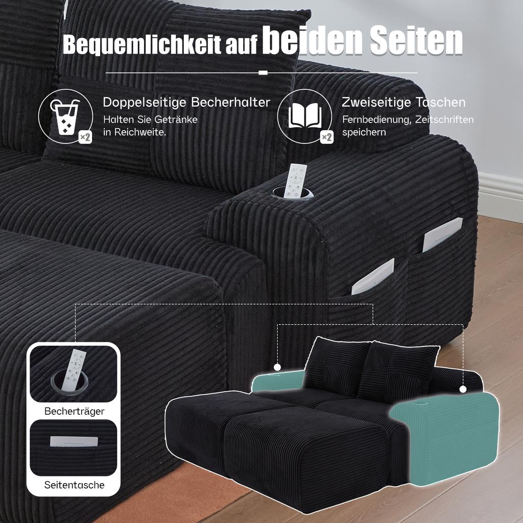 Modular Corduroy Sofa for 2 People (with 2 Stools), Freely Combinable, Including Drink Holder and Side Storage Pocket, Ideal for Living Room. Black