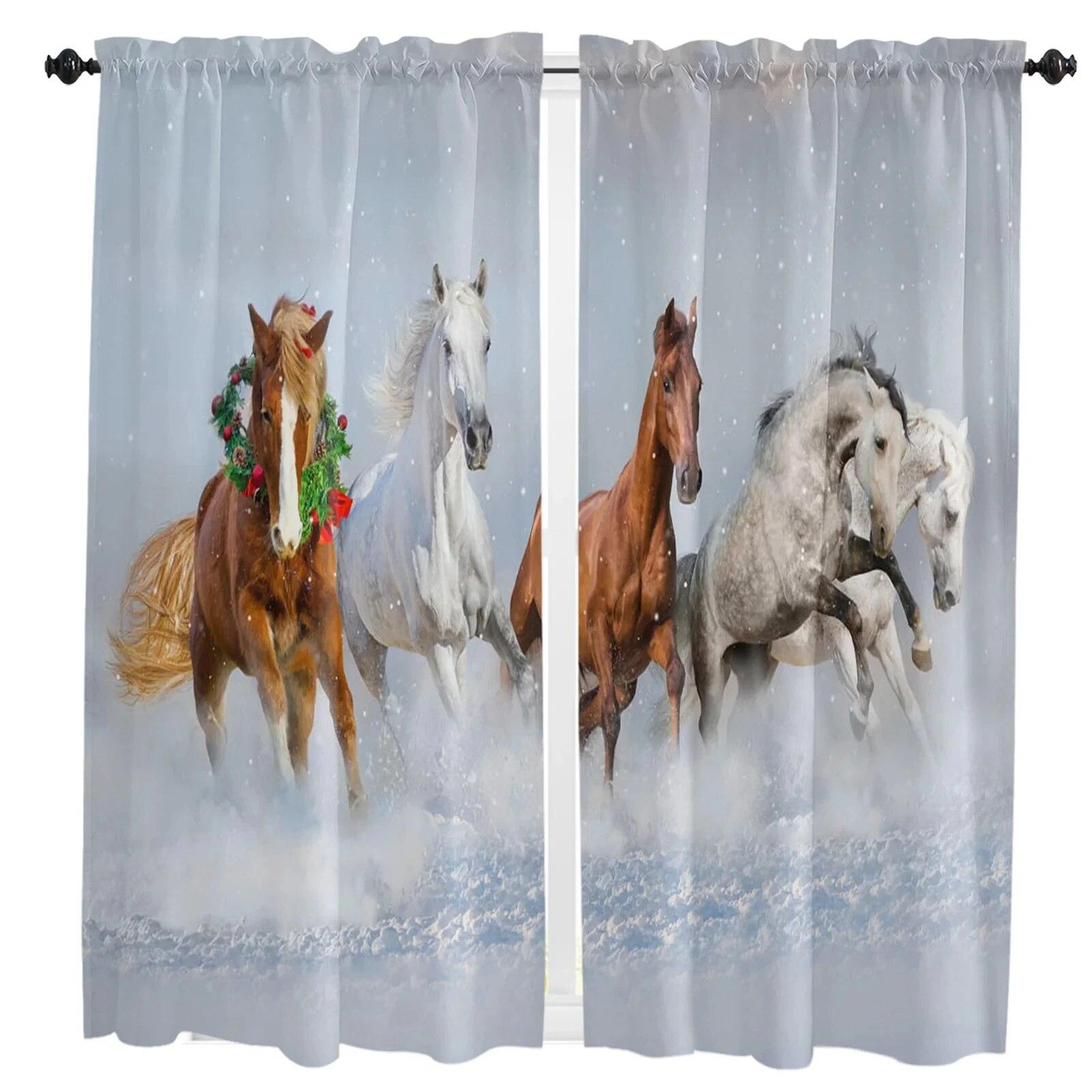 Paard Verduisterende Gordijnen Voor De Slaapkamer Dierlijke Gordijnen In Woonkamer Gordijn Voor Raam Woondecoratie Hoge Verduistering Nieuw Patroon W50xH130(CM)x2PCS-Rod pocket