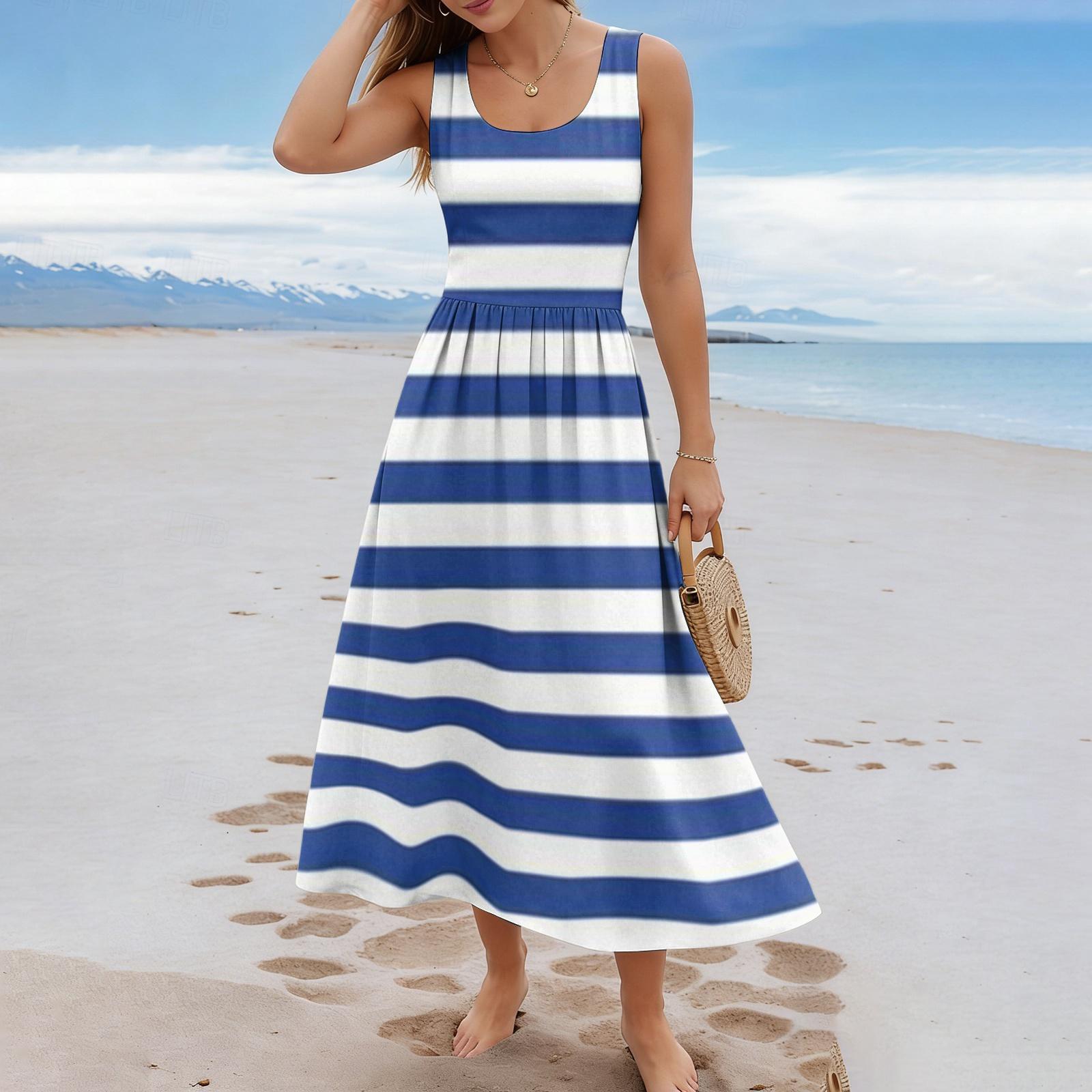 Ladies  striped summer casual and fashionable sleeveless long dress XXL