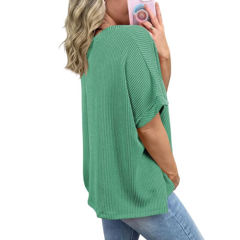 Loose Round Neck Batwing Sleeve Striped Pullover Short Sleeve Casual T Shirt