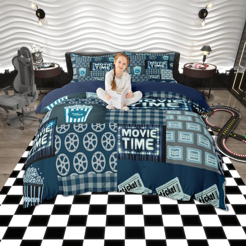 Homewish Vintage Cinema Duvet Cover Set, Movie Tine Print Bedding Set, Retro Film Popcorn Bedroom Set, Room Decor