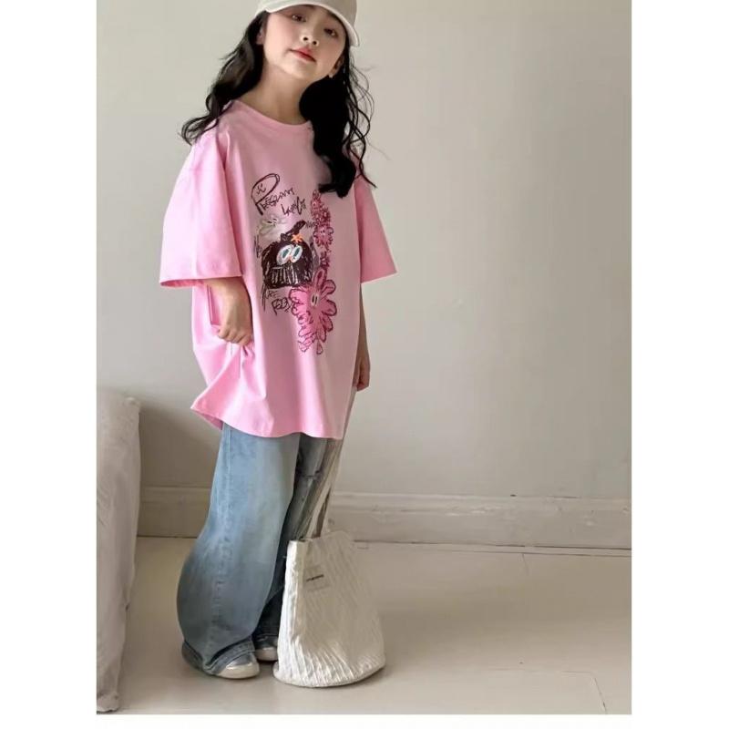 Pure Cotton Girls' Short-Sleeve Children'S Clothing Summer T-Shirt New Stylish Top For Older Girls In Summer