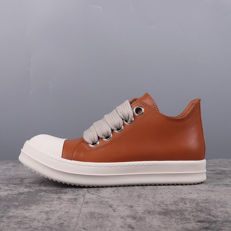 Men's Shoes Genuine Leather Jumbo Shoelace Women's Sneakers Fashion Black Solid Lace-up Men's Casual Shoes