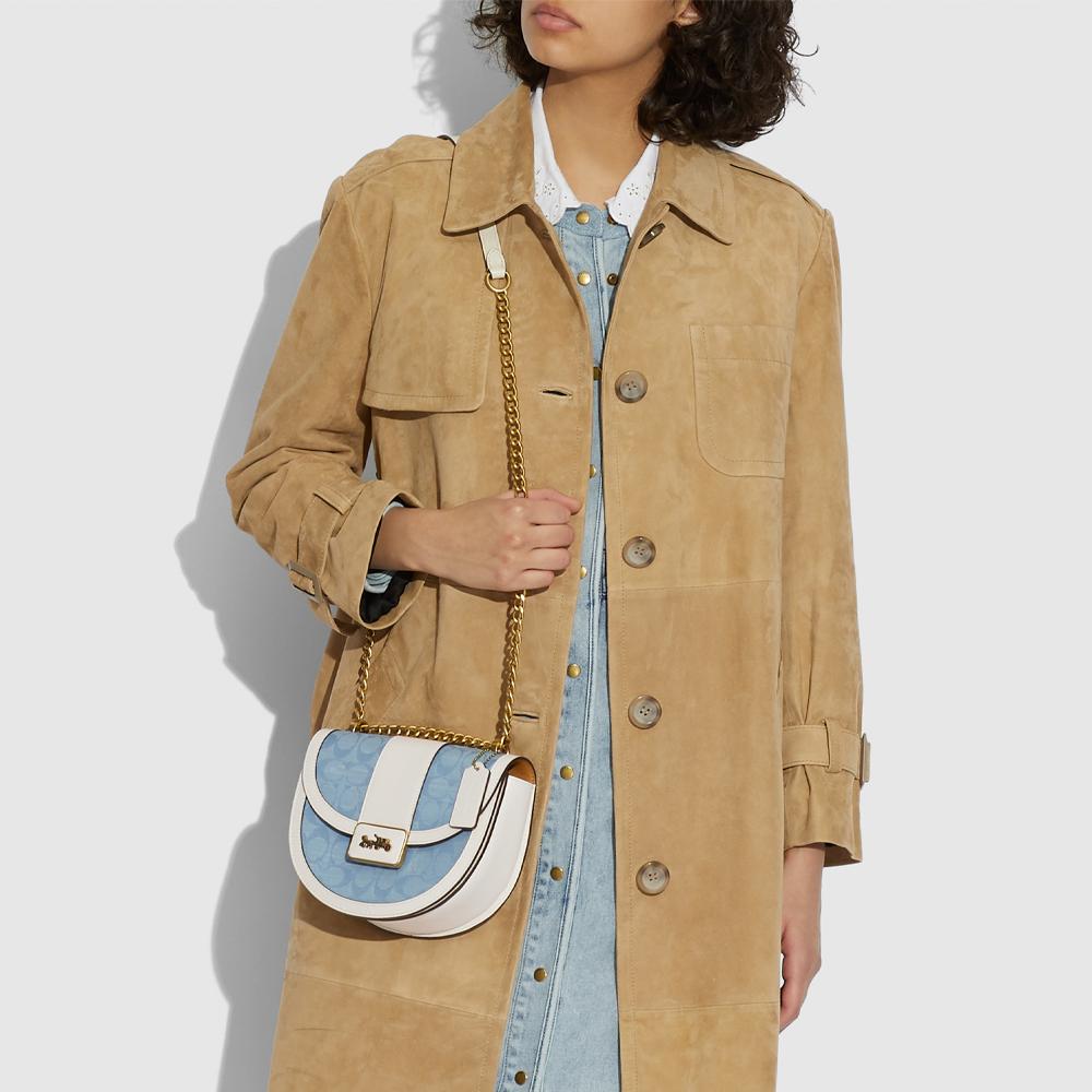 Coach Alie 21 Monogram Color Block Chain Chambray Canvas Print Leather And Fabric Saddle Bag Crossbody Small Women saddle bag C4694-B4SUX