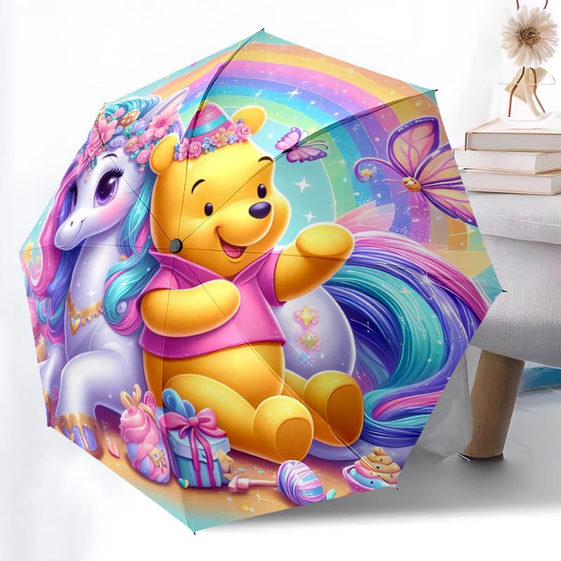 1pc Sturdy 8-Bone Auto Umbrella, Pooh Bear Rainbow Floral Umbrella, Digital Printed, Foldable Umbrella for On-the-Go Outdoor Use