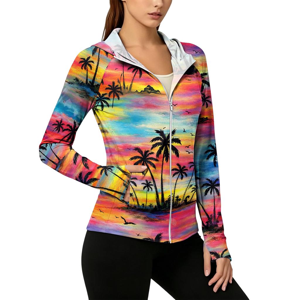 Women's Lightweight Zip-Up Hoodie with Hood and Pockets Hawaiian Print Long Sleeve Sun Protection Jacket for Outdoor Activities