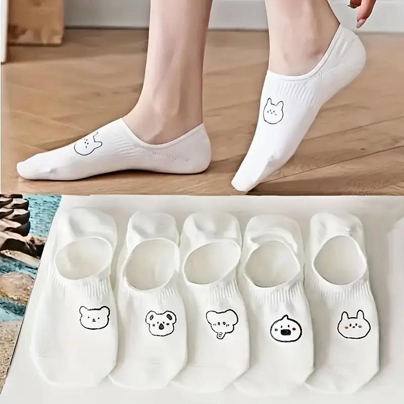 5/10/20 Pares Mujer Blanco Dibujos Animados Calcetines Invisibles Diseño Animal Lindo Absorbentes de Sudor Transpirables Suaves Cómodos Calcetines Casuales