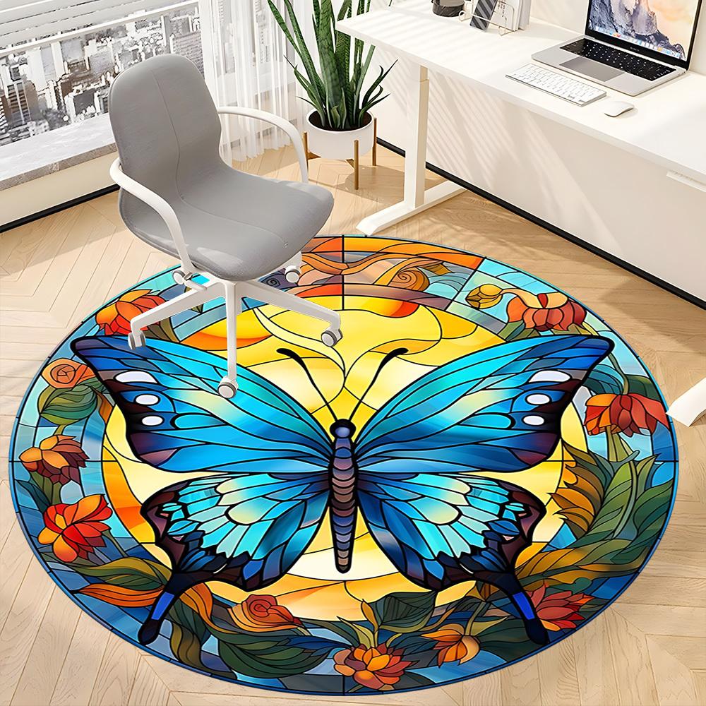1pc Butterfly StainedGlass Office Round Area Rug, Indoor Mat Suitable ForOffice, Under Office Chairs Bedroom Living Room Home Decor, Room Deco D163