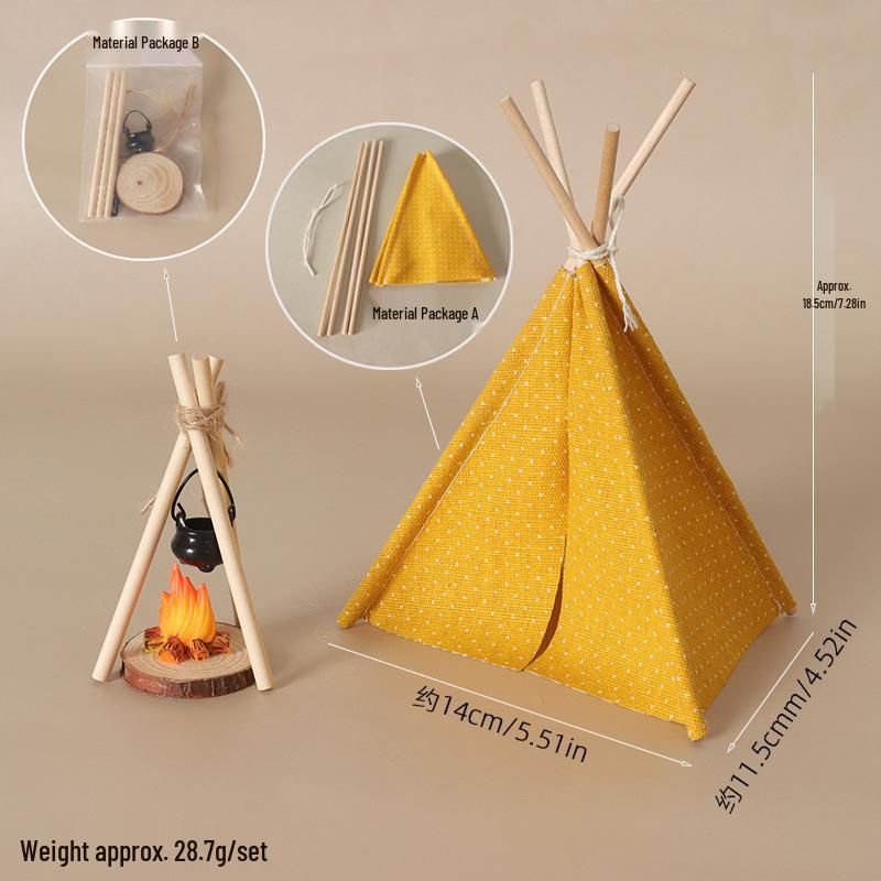 Mini Dollhouse Tent with Hanging Stove - Outdoor Scene Photography Prop & Play Toy