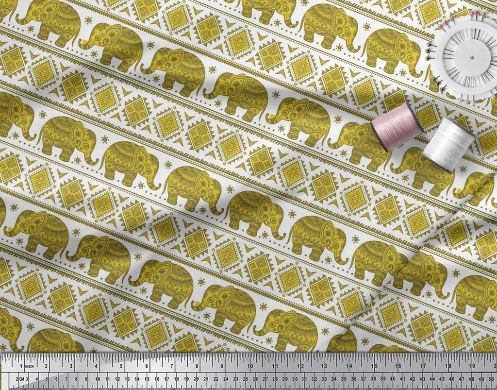 Soimoi Japan Crepe Satin Fabric Aztec & Tribal Elephant Ethnic Print Sewing Fabric Metre 42 Inch