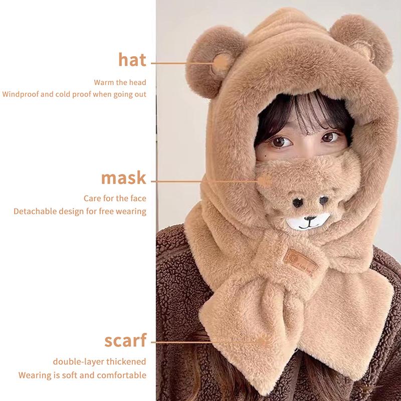 Cute Cartoon Bear Plush Hat Winter Warmth Hat Scarf Glove Face Mask One-Piece Hooded Outdoor Windproof Ear Protection Cap