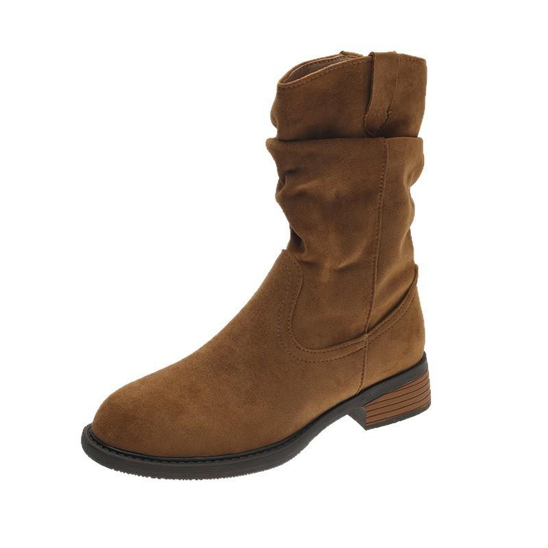 Vintage pleated new western rad mid-heel short boots women's beauty autumn thick heel fashion round head stacking boots