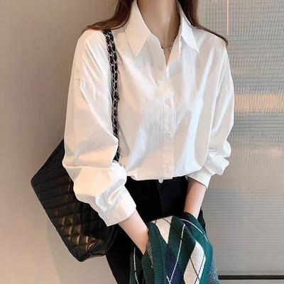 100% Cotton Women's White Shirt - Spring & Autumn 2026, Casual Lazy Style, Loose Fit for Outer or Inner Wear