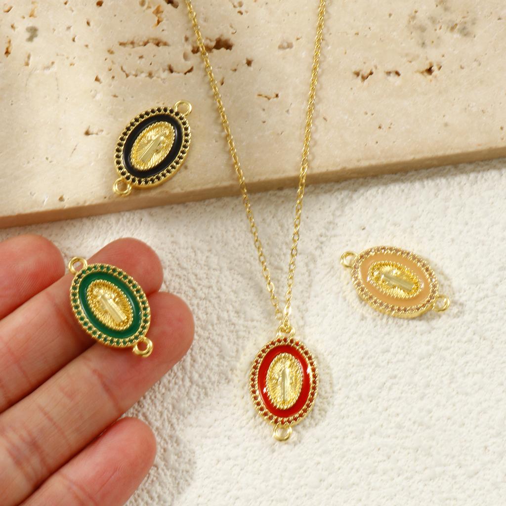1 Piece Brass & Cubic Zirconia Religious Connectors Charms Pendants 18K Gold Plated Enamel Oval Jesus Double Sided 24mm x 14mm