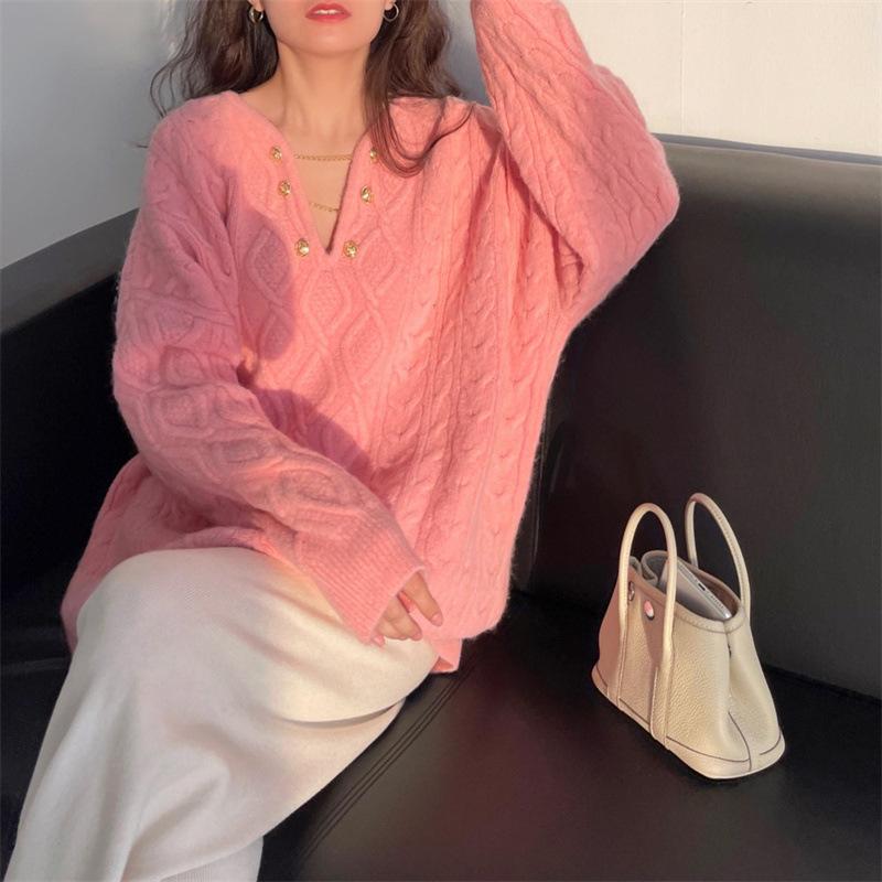 V-neck Twist Sweater Women In The Long Section of The Fall and Winter Loose Lazy Wind Gentle Pullover Knitted Tops