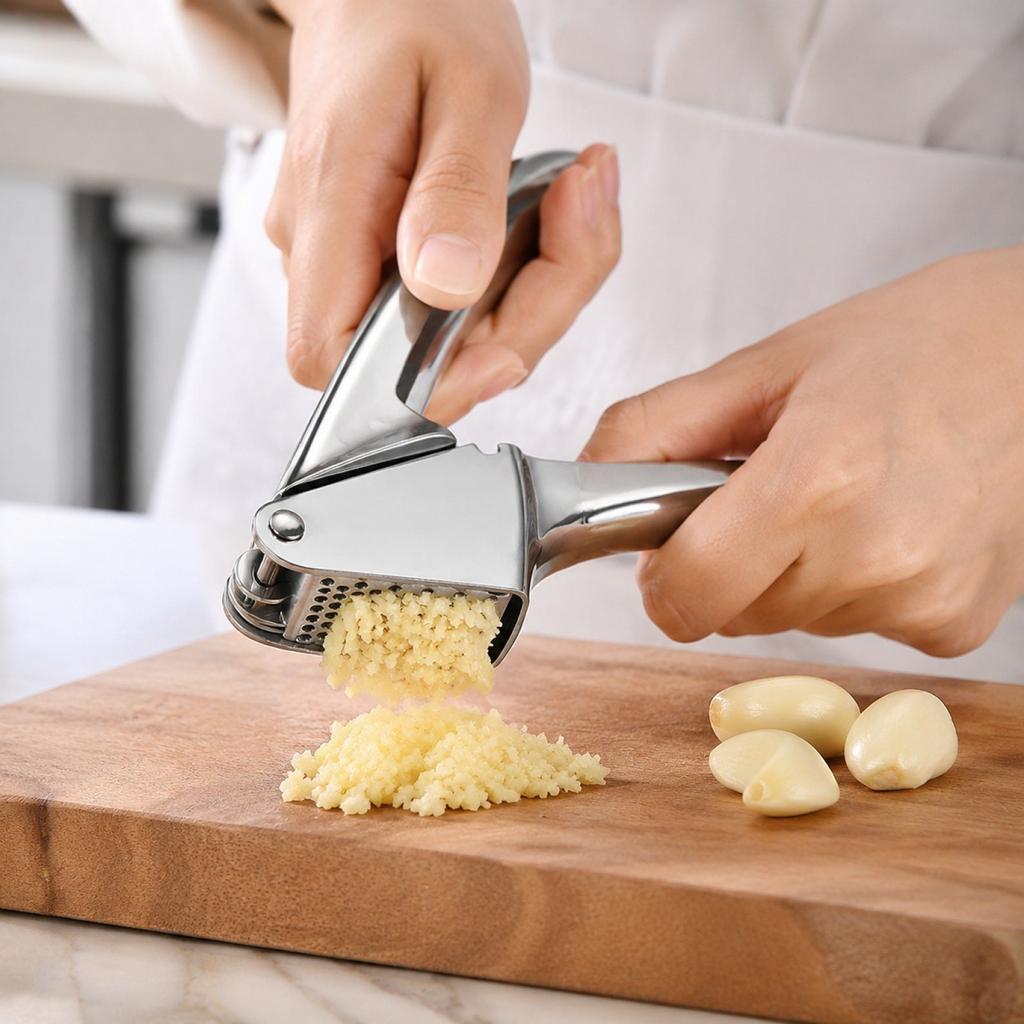 Stainless Steel Garlic Press Crusher Kitchen Tool Garlic Mincer with Ergonomic Handle for Easy Crushing and Mashing Garlic Cloves