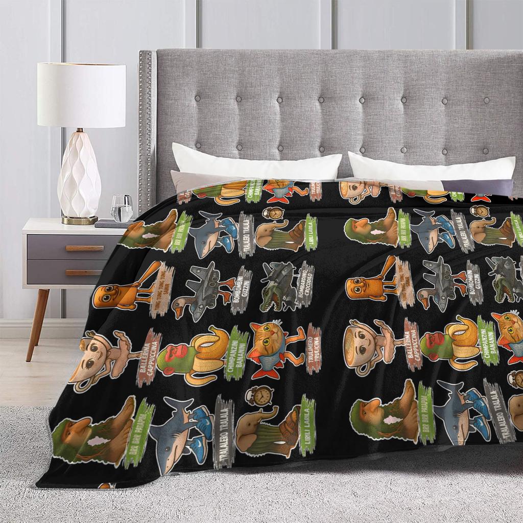 Brainrot Meme Italian Characters Knitted Blankets Flannel Funny Meme Ultra-Soft Throw Blankets for Bedding Couch Bedspread