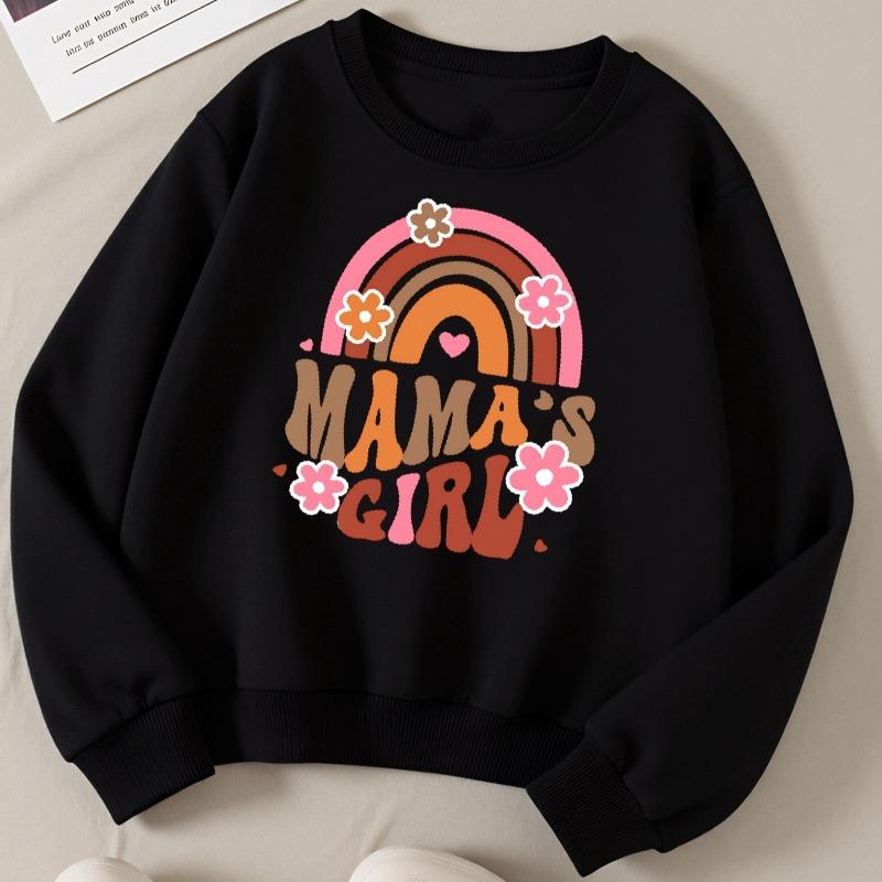 Kids Crewneck Long Sleeve Sweatshirt, MAMA S GIRL Rainbow Flower & Heart Print 110