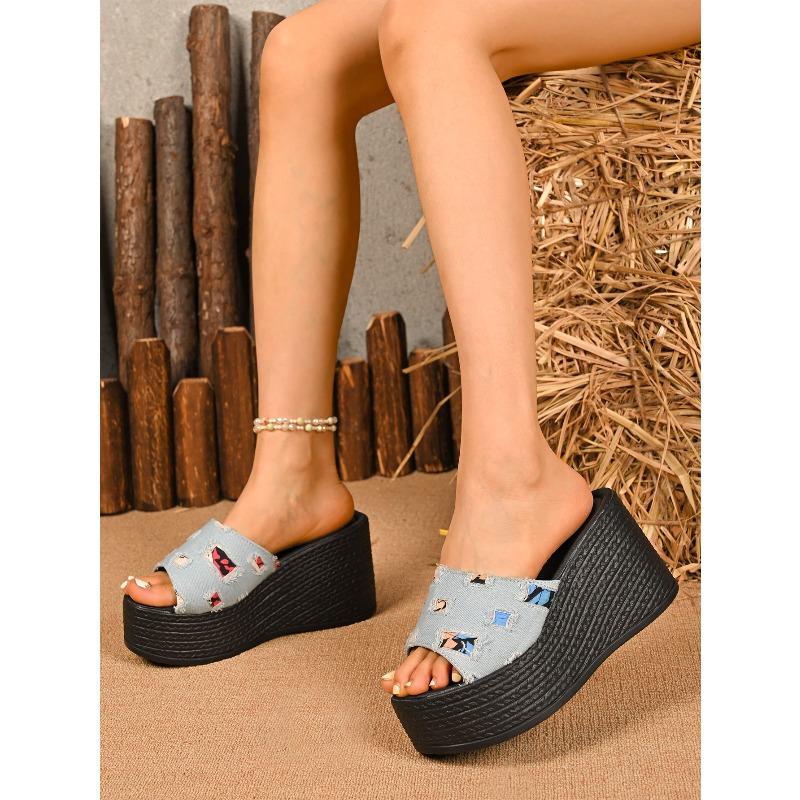 Plus Size 36-43 Casual Denim Strappy Sandals for Women 2025 Spring New Arrival Wedge Sandals