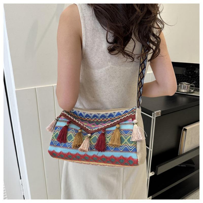 Simple and Fashionable Ethnic-style Bag with Tassels and Diamond-shaped Single-shoulder Crossbody Bag