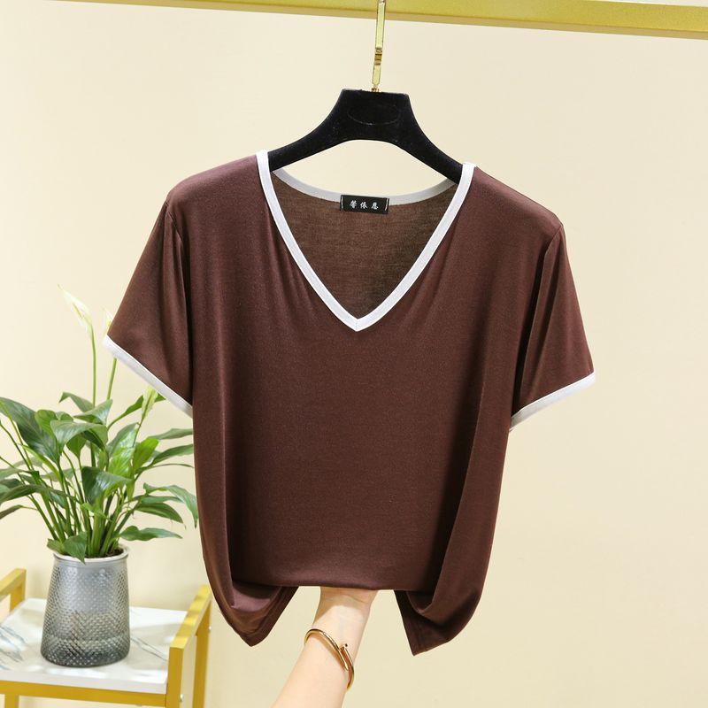 

Модальная футболка с коротким рукавом женская летняя тонкая приталенная с V-образным вырезом топы верхняя одежда больших размеров свободная повседневная цветной блок базовая футболка Dark brown M (recommended 40.00 kg-55.00 kg
