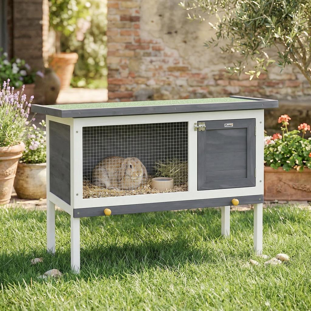 Wooden Rabbit Hutch, Guinea Pig Hutch with Asphalt Roof, Outdoor Elevated Bunny House for Rabbits, Chinchillas