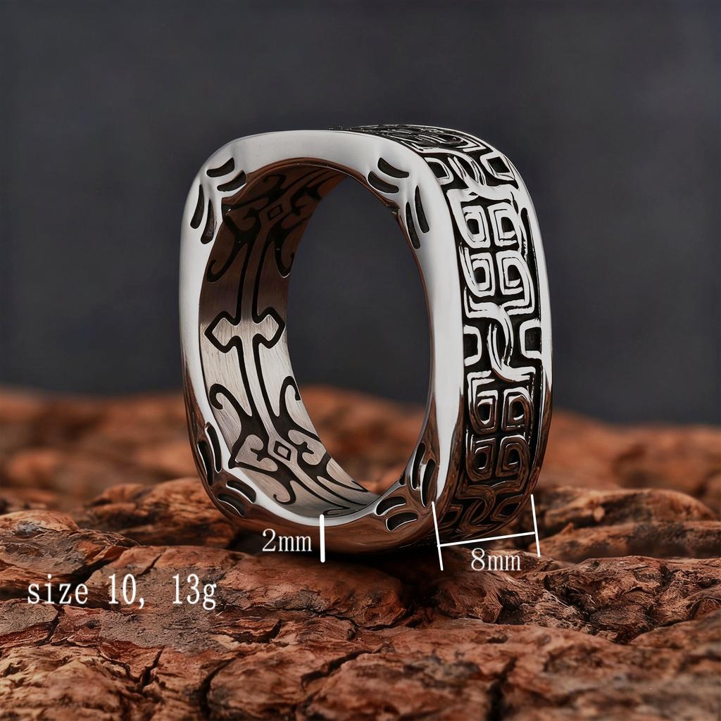 Mens Wide Square Ring Ancient Mythical Beast Pattern Cloud Motif Chinese Unique Design